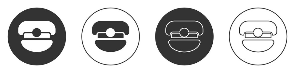 Black Captain hat icon isolated on white background. Circle button. Vector.