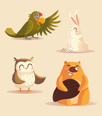 cartoon animals parrot owl rabbit and beaver icons