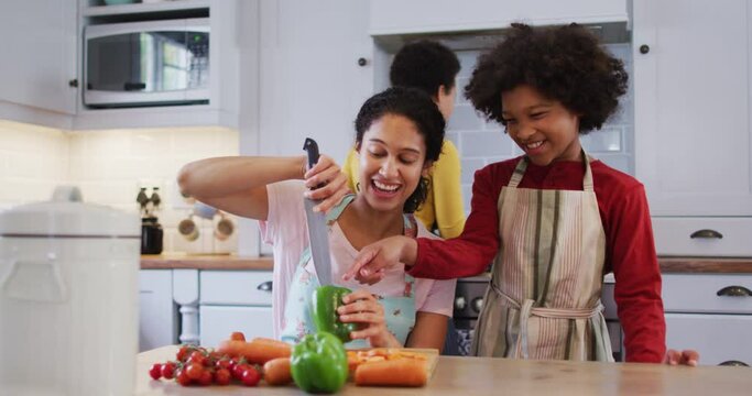 Mixed race lesbian couple and daughter preparing food in kitchen