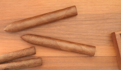 Tobacco handmade cuban cigars on wooden table
