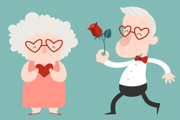 Happy senior couple celebrating Valentine's Day. Old man presenting rose and old woman holding heart. Cartoon style flat vector illustration.