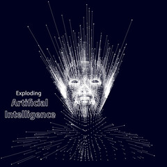 Obraz premium Abstract futuristic 3d background with head man exploding lines and dots on dark. Artificial intelligence. Big data. Business and science futuristic visualization. Big data.