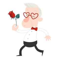 Old man presenting a rose with happy smile. Funny senior gentleman character wearing heart shape glasses. Cartoon style vector illustration isolated on white background.