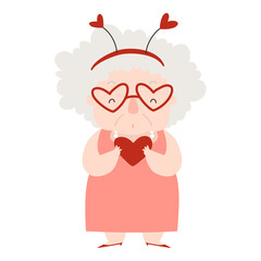 Funny senior woman character holding a heart, wearing heart shape glasses and heart headband. Cartoon style vector illustration isolated on white background.