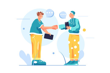 Two guys shake hands and make a deal, guy with phone in hand isolated on white background, flat vector illustration