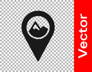 Black Map pointer with mountain icon isolated on transparent background. Mountains travel icon. Vector.