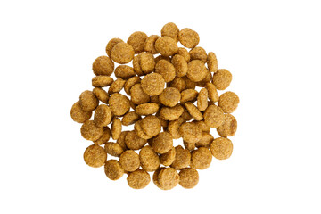 Dry food for dogs and cats pile top view isolated on white background