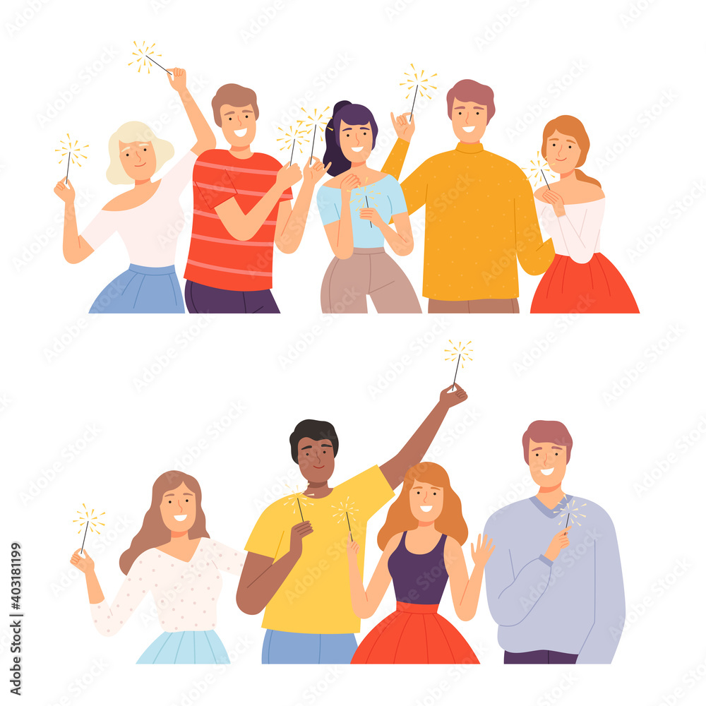 Sticker Group of Joyful People Holding Burning Sparklers Set, Happy Friends Celebrating Holidays Together Cartoon Style Vector Illustration