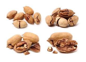 Peeled pecan nuts closeup, isolated on white background