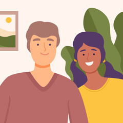 Young Couple Communicating Online from Home, Video Call, Online Meeting, Chatting with Friends or Relatives by Internet, Quarantine, Isolation Concept Vector Illustration
