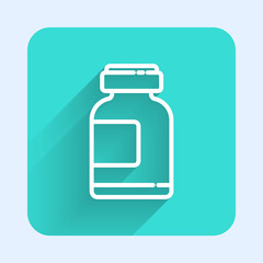 White line Sports nutrition bodybuilding proteine power drink and food icon isolated with long shadow. Green square button. Vector Illustration.
