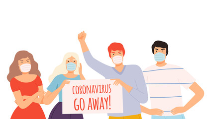 Group of People Wearing Protective Medical Face Masks Holding Poster Protesting against Spread of Coronavirus Cartoon Style Vector Illustration