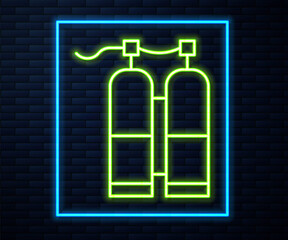 Glowing neon line Aqualung icon isolated on brick wall background. Oxygen tank for diver. Diving equipment. Extreme sport. Sport equipment. Vector Illustration.