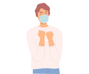 Young Man Wearing Protective Medical Face Mask Protesting against Virus Spread and Unemployment Cartoon Style Vector Illustration