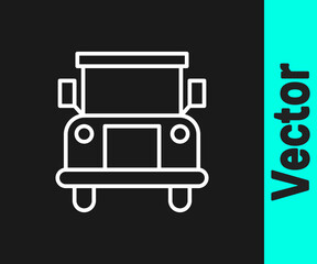 White line School Bus icon isolated on black background. Public transportation symbol. Vector Illustration.