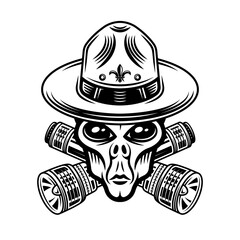 Alien boy scout with two crossed flashlights vector illustration in vintage monochrome style isolated on white background