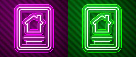 Glowing neon line Online real estate house on tablet icon isolated on purple and green background. Home loan concept, rent, buy, buying a property. Vector Illustration.