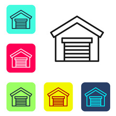 Black line Garage icon isolated on white background. Set icons in color square buttons. Vector Illustration.