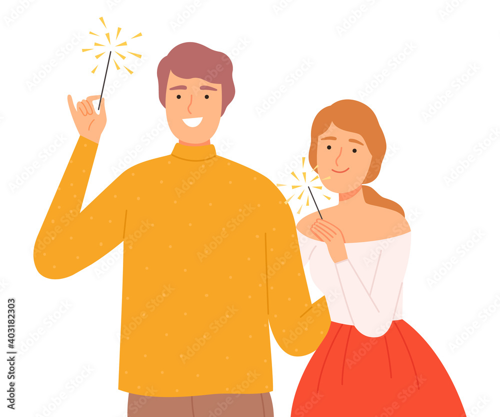 Sticker Happy Young Couple with Burning Sparklers, Smiling Man and Woman Celebrating Holiday Event Together Cartoon Style Vector Illustration