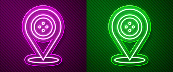 Glowing neon line Location tailor shop icon isolated on purple and green background. Vector Illustration.