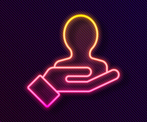 Glowing neon line Hand for search a people icon isolated on black background. Recruitment or selection concept. Search for employees and job. Vector Illustration.
