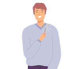 Happy Man Holding Burning Sparklers, Smiling Guy Celebrating Holiday Event Cartoon Style Vector Illustration