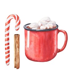 Watercolor candy canes in red cup with hot cocoa drink. Watercolour food illustration.