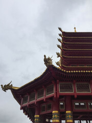 Russia, Kalmykia, Elista, close-up of the decorated roof of the central Buddhist temple
