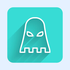 White line Executioner mask icon isolated with long shadow. Hangman, torturer, executor, tormentor, butcher, headsman icon. Green square button. Vector.