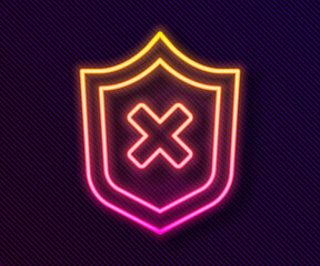 Glowing neon line Shield with cross mark icon isolated on black background. Shield and rejected. Notice of refusal. Vector.