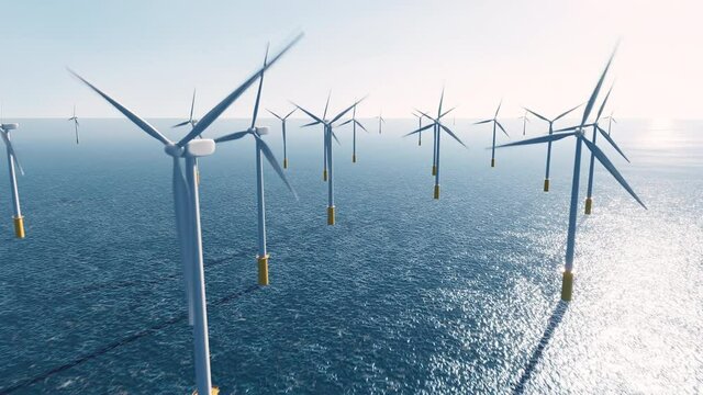 風を受けて回る海上風力発電の風車 / 再生可能エネルギー・脱炭素社会のコンセプトイメージ / 3Dモーショングラフィックス