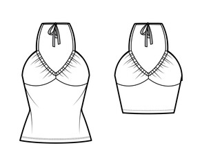 Set of Tops V-neck halter tanks technical fashion illustration with empire seam, thin tieback, slim fit, bow, crop, tunic length. Flat outwear template front white color. Women men CAD mockup