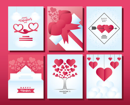 happy valentines day icons set cards with tree hearts gif and ribbon celebration