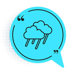 Black line Cloud with rain icon isolated on white background. Rain cloud precipitation with rain drops. Blue speech bubble symbol. Vector.