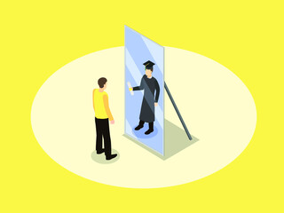 Young man looking at his future self graduated isometric 3d vector concept for banner, website, illustration, landing page, flyer, etc.