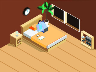 Woman works on bed with laptop isometric 3d vector concept for banner, website, illustration, landing page, flyer, etc.