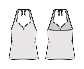 Tank halter sweetheart neck top technical fashion illustration with bow, oversized, tunic length. Flat apparel outwear template front, back, grey color. Women men unisex CAD mockup