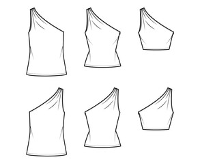 Set of One-shoulder tops tank technical fashion illustration with ruching, fitted and oversized body, tunic and waist length hem. Flat outwear template front, back, white color. Women, men CAD mockup