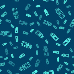 Green line USB flash drive icon isolated seamless pattern on blue background. Vector.