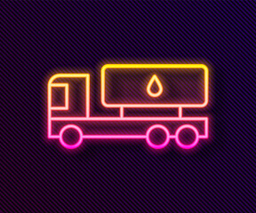 Glowing neon line Tanker truck icon isolated on black background. Petroleum tanker, petrol truck, cistern, oil trailer. Vector.