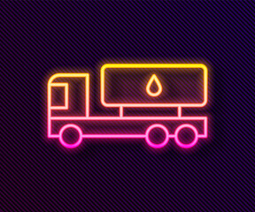 Obraz premium Glowing neon line Tanker truck icon isolated on black background. Petroleum tanker, petrol truck, cistern, oil trailer. Vector.