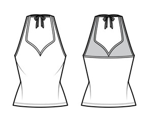 Tank halter sweetheart neck top technical fashion illustration with bow, slim fit, tunic length. Flat apparel outwear template front, back, white color. Women men unisex CAD mockup