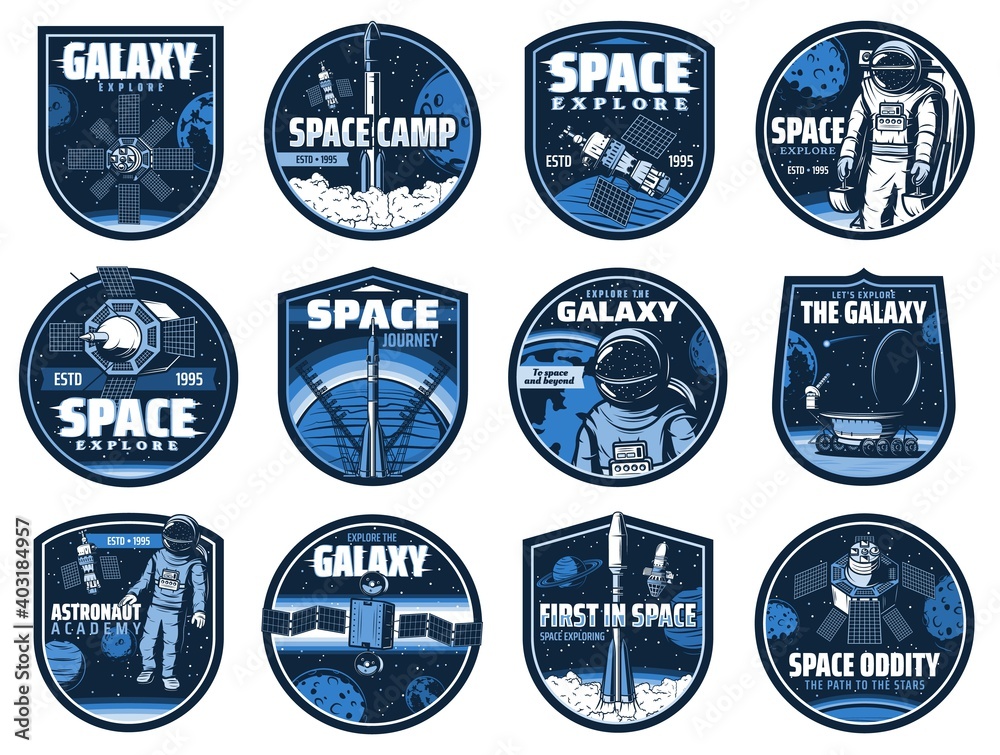 Poster outer space vector icons with glitch effect. astronaut academy, galaxy, rocket. cosmos explore shutt