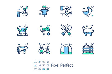 Linear icons on the theme of farming in Pixel Perfect 48x isolated on white background, flat vector icons