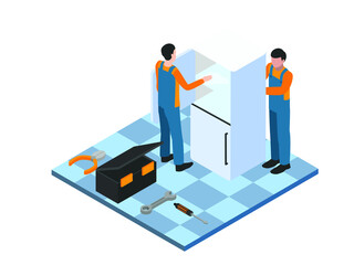 Technician repairs fridge isometric 3d vector concept for banner, website, illustration, landing page, flyer, etc.
