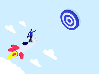 Businessman flying on rocket isometric 3d vector concept for banner, website, illustration, landing page, flyer, etc.