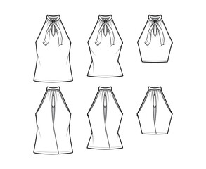 Set of Tops V-neck halter tank technical fashion illustration with tie, wrap, slim, oversized fit, bow, crop, tunic length. Flat outwear template front, back, white color. Women men unisex CAD mockup