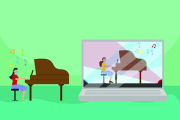 Online class vector concept: Young woman watching tutorial of playing piano on her laptop while wearing face mask