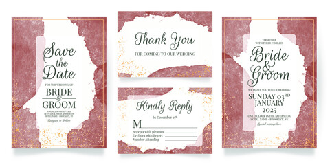 Wedding invitation card template set with watercolor background