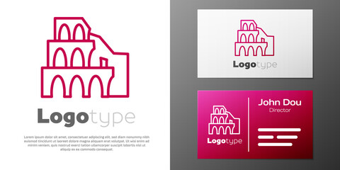 Logotype line Coliseum in Rome, Italy icon isolated on white background. Colosseum sign. Symbol of Ancient Rome, gladiator fights. Logo design template element. Vector.